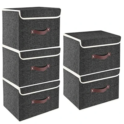 Image of TYEERS Collapsible Storage Box with Lid, Fabric for Clothes, Wardrobe Storage, 38x25x25 cm, Set of 5, Black