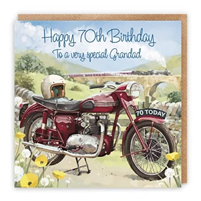 Image of Hunts England 70th Grandad Birthday Card Happy To A Very Special Motorbike And Steam Train Stunning Artistic Milo&#039;s