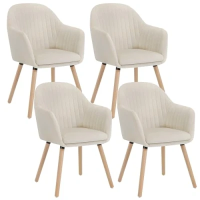 Image of WOLTU Cream White Kitchen Dining Chairs Set of 4 PCS Upholstered Counter Lounge Living Room Corner with Arms &amp; Backrest Solid Wood Legs Reception Velvet Tub Armchairs