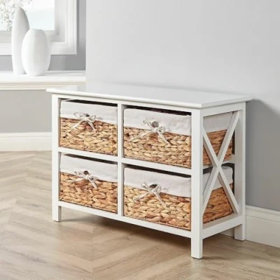 Image of Home Source White Wooden Storage Unit Chest Water Hyacinth Basket Hallway Organiser, Engineered Wood, 4 Drawer