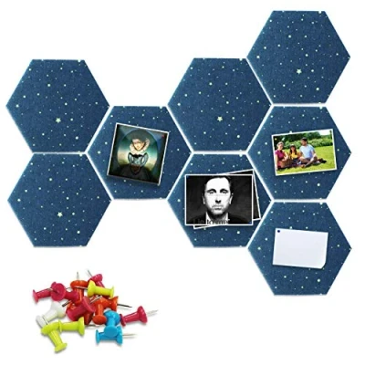 Image of Fovasen Hexagon Felt Board Tiles Self Adhesive Wall Bulletin Boards Memo Notice Pin with Push Pins for Home Office Classroom Decal Creative Decor, Star 8 Pcs