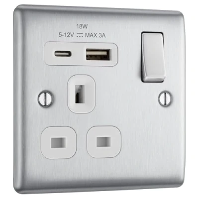 Image of BG Electrical Single Switched Power Plug Wall Socket with Type A USB and C Charging Ports, Fast Charge, Round Edges, Nexus Metal, Brushed Steel, White Inserts, 13A, 18W, NBS21UAC18W