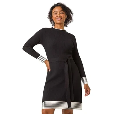 Image of Roman Petite Stripe Knitted Midi Dress for Women UK Ladies Everyday Autumn Winter Round Neckline Comfy Soft Evening Vacation Work Party Night Out Black Size 16