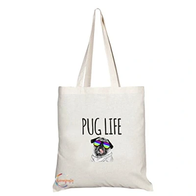 Image of Coralgraph Inc TB170 PUG LIFE Novelty Present Gift Printed Eco Friendly Stylish Long Handled Tote Shoulder Bag