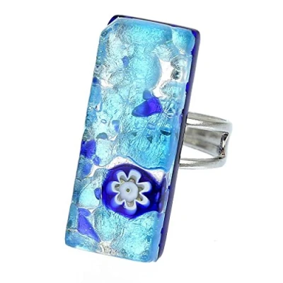 Image of GlassOfVenice Murano Glass Venetian Reflections Rectangular Adjustable Ring Aqua Blue