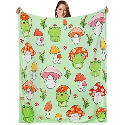Image of Frog Mushroom Blanket, Aesthetic Gifts for Girls Women Teens, Cozy Soft Lightweight Kawaii Green Throw Plush Cute Frogs Decor Stuff, 50x60 inch