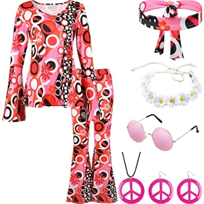 Image of 70s Fancy Dress Women Hippie Clothes Trousers &amp; Accessories for 60s Hippy Disco Flared 1960s 1970s Costume Outfit Up(XL)