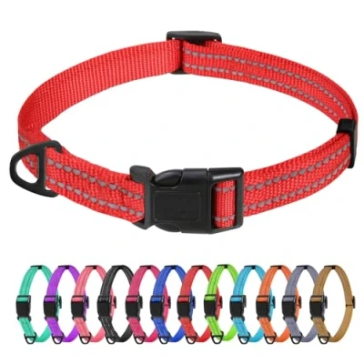 Image of TagMe Reflective Nylon Dog Collars, Adjustable Classic Collar with Quick Release Buckle for Extra Small Dogs, Red, 1.5 cm Width