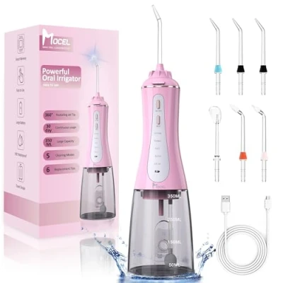 Image of MOCEL Water Dental Flosser Oral Irrigator with 5 Modes, 350ml Cordless Teeth Cleaner Pick 6 Tips, IPX7 Waterproof Portable Powerful Battery for Travel &amp; Home Braces Bridges Care (Pink)