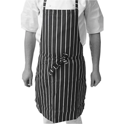 Image of Black Pepper Polycotton Stripe Butcher Bib Apron No Pocket, Professional Home Kitchen Apron, Black/White