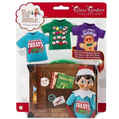 Image of the Elf on Shelf Sweet Treats Tees Claus Couture Clothes Set for your Scout Accessories include a Collectible Tin Suitcase Prop with Trio of Sized T Shirts