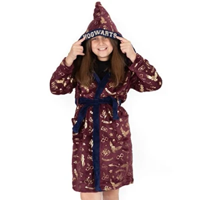 Image of Harry Potter Dressing Gown For Girls &amp; Boys Kids Red Hogwarts Pyjama Robe Magical Bathrobe With Wizard Hat Hood