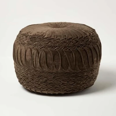 Image of HOMESCAPES Chocolate Brown Velvet Pouffe 50 cm Wide Round Pleated Footstool with Bean Filling Pin Tuck Design Foot Rest Vanity Stool for Living Room or Bedroom
