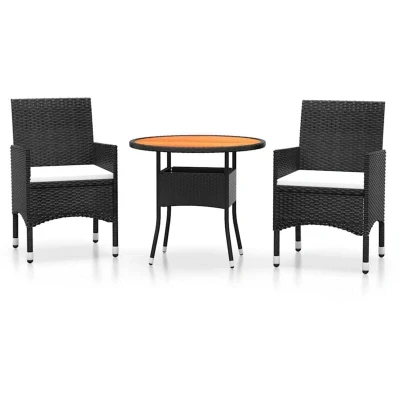 Image of vidaXL 3 Piece Garden Bistro Set Poly Rattan and Solid Wood Black