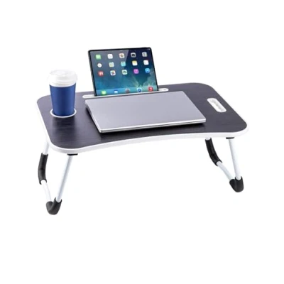 Image of CROWNSHOP Laptop Table, 60 X 40 28cm Bed Desk Stand With Foldable Legs &amp; Cup Slot Notebook Computer Table Tray For Sofa Bed, Pink (Black Brushed)