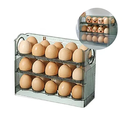 Image of HGUIM 3 Layer Green Egg Storage Container with Flipped Tray 30 Grid Holder Plastic Box for Refrigerator Space Saver Fridge Organizer, 26x10x20cm/10x4x8inch