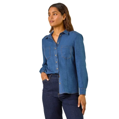 Image of Roman Womens Button Up Pocket Detail Collar Shirt Blue Size 16 UK