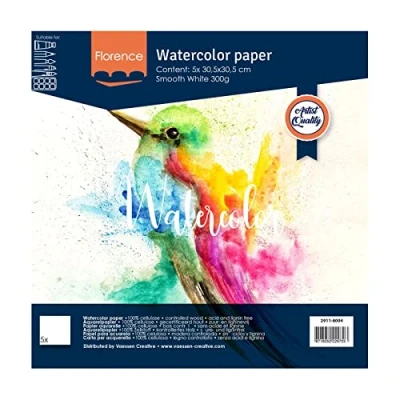 Image of Vaessen Creative Florence Aquarellpapier, 30,5 x cm, Weiß, aus 300 g/m² Glattem Papier, 5 Blatt für Aquarellmalerei, Handlettering und Brush Lettering, Smooth 300gsm, 12
