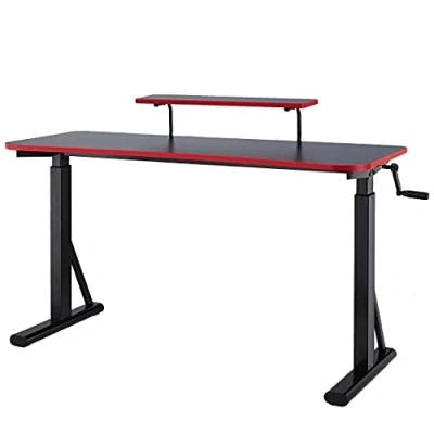 Image of Amazon Basics Height Adjustable Rectangular Gaming Computer Desk with Raised Monitor Shelf, Red, 140 x 63.5 x109 126 cm