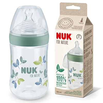 Image of NUK for Nature Baby Bottle Medium Teat 260 ml Breast Like Ant Colic Silicone Temperature Control Sustainable, BPA Free Materials Green