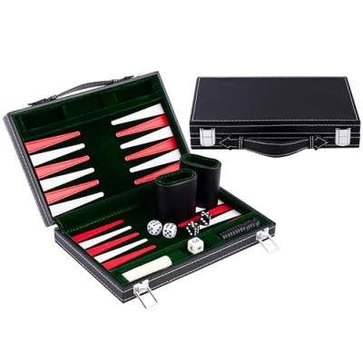 Image of Engelhart travel Backgammon 11&quot; game, inlaid velvet stitching leatherette playing field in attache case (Green/Red/White)