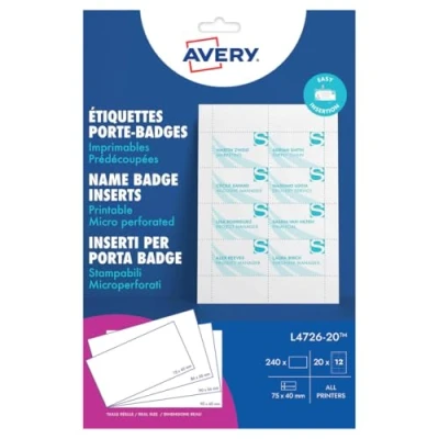 Image of Avery L4726 20 Printable Name Badge Insert Refills (75 x 40 mm Inserts, Pack of 240) White,Package May Vary