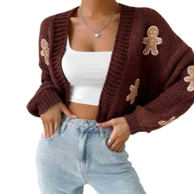 Image of Gingerbread Cardigan, Sweater Women, Christmas Open Front Cropped Cardigan Sweaters(Coffee,L)