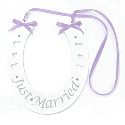 Image of Just Married White Wedding Handmade Lucky Horseshoe Hanging Wooden Accessory with Lilac Decoration