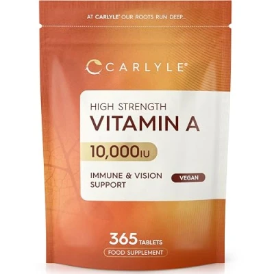 Image of Vitamin A Tablets 10000 IU 365 Count (1 Year Supply) as Retinol Acetate High Strength Vegan and Vegatarian by Carlyle