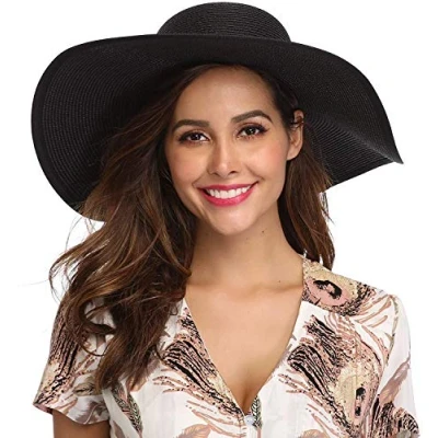 Image of DRESHOW Womens Wide Brim Straw Hat Floppy Foldable Roll up Cap Beach Sun UPF 50+