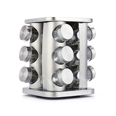 Image of Stainless Steel Revolving 12 Jar Countertop Spice Rack Organizer, Square Seasoning Storage Organization Tower for Kitchen (Silver)