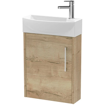 Image of Hudson Reed JNU1861L Juno Compact Modern Cloakroom Wall Hung 1 Door Unit with Tap Hole Left Hand Basin, 440mm, Woodgrain Autumn Oak