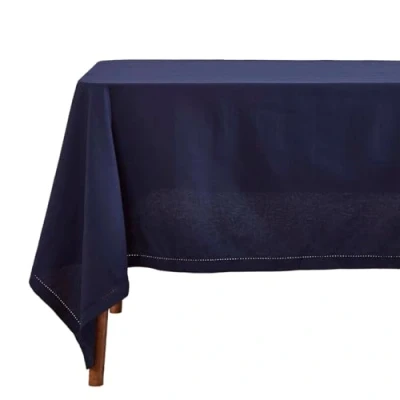 Image of HOMESCAPES Navy Blue Cotton Tablecloth 4 to 6 Seater Rectangular 137 x 178 cm (54 70 Inches) Washable Hand Woven 100% Plain with Decorative Ladder Stitch Edge