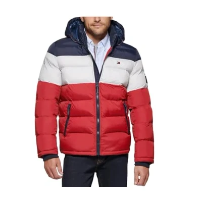 Image of Tommy Hilfiger Men&#039;s Hooded Puffer Jacket Down Outerwear Coat, Midnight/White/Red, XL