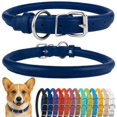 Image of CollarDirect Rolled Leather Dog Collar, Soft Padded Round Puppy Handmade Genuine Collar Small Large Cat Collars Black Pink Red Purple Blue (Fits 15&quot; 18&quot; Neck, Dark Blue)