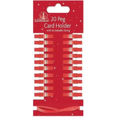 Image of SKYTE® 20 x Christmas Xmas Card Holder Mini Wooden Pegs With 2m Metallic String Festive Colours Decoration (Red)