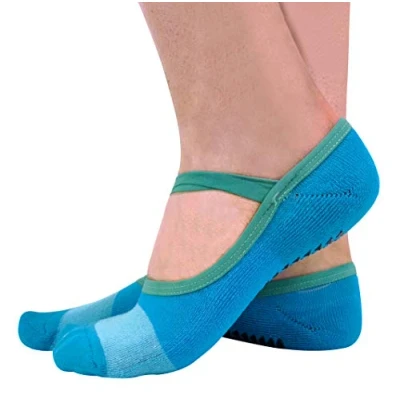 Image of 2 Pairs Ladies Cotton Non Slip Grip Low Cut Invisible Pilates Yoga Socks with Straps (4 8 UK, Blue)