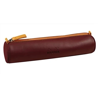 Image of RHODIA 319000C Round Pencil Case Rhodiarama Burgundy 21.5 x 5.5 cm Genuine Orange Stitching Ivory Jersey Interior Faux Leather Storage for Pens, Pencils, Markers, Small Supplies