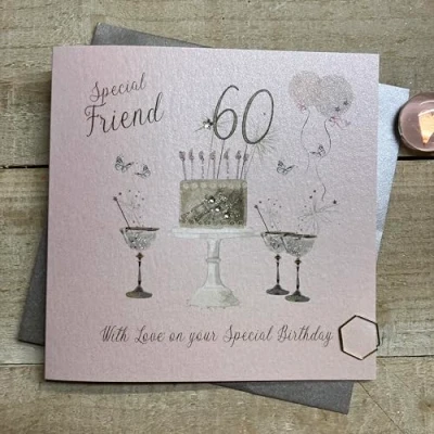 Image of WHITE COTTON CARDS Happy 60th Birthday Card Special Friend Champagne Glasses Pink &amp; Gold Sparkly Cake SS42 SF60