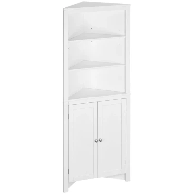 Image of kleankin Triangle Bathroom Cabinet, Corner Storage Unit with Cupboard and 3 Tier Shelves, Free Standing, White