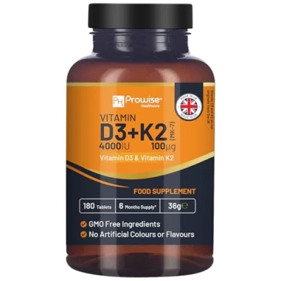 Image of Vitamin D3 4000IU &amp; K2 MK7 100µg Vegetarian Tablets I 180 (6 Months Supply) Easy to Swallow Supplement for Immune Support, Calcium Boost, Bone Muscle Made in The UK by Prowise Healthcare