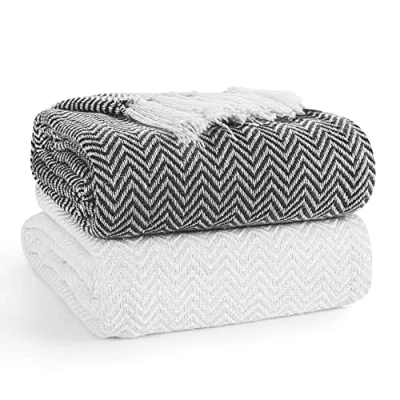Image of EHC PAIR Pack Chevron Cotton Throws for Sofa, Chair Blanket 127 x 152cm (Pack of 2) Ivory/Black
