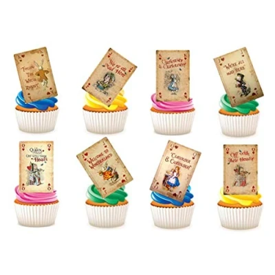 Image of 25 x Alice in Wonderland Playing Cards STAND UP Edible Paper Cupcake Toppers Cake Decorations