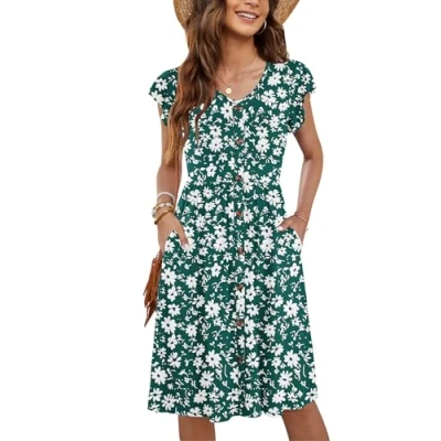 Image of MOLERANI Women Summer Dresses V Neck Ruffle Sleeve Casual Swing Elastic Waist Midi Dress with Pockets Green Diasy S