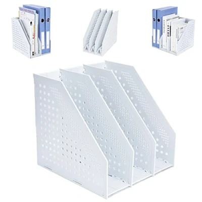 Image of FRETONBA Magazine Rack Folding Bookshelf, File Holder Vertical with 3 Compartments, Book for Office Storage and Organiser, Desktop Bookshelf School, Library, Office, Light Grey