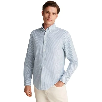 Image of Tommy Hilfiger Men&#039;s Flex POPLIN Classic STP RF Shirt MW0MW37549 L/S Shirt, Blue (Nouveau Green/Multi), XS