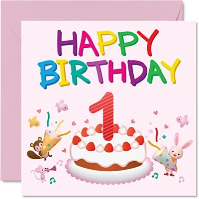 Image of 1st Birthday Card Girl Critter Party Happy 1 Year Old Girl, Girls Cards for Her, 145mm x Greeting Daughter Niece Granddaughter Kid Children