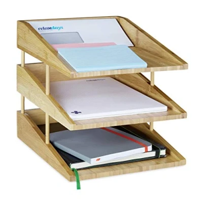 Image of Relaxdays Document Filing Tray, Stackable, DIN A4 Letter Rack, Office, Desk, Bamboo, 3 Tiers, Natural
