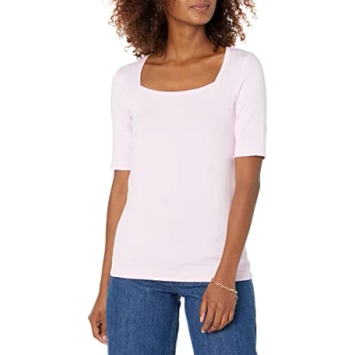 Image of Amazon Essentials Women&#039;s Slim Fit Half Sleeve Square Neck T Shirt, Light Pink, XL