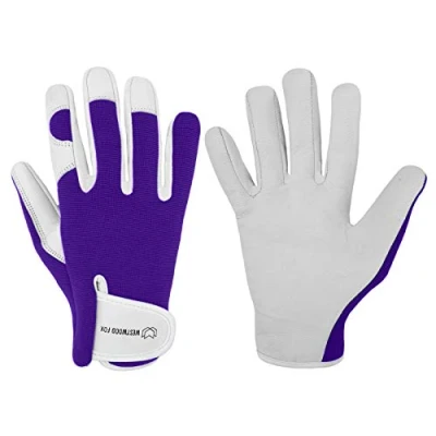 Image of WESTWOOD FOX Ladies/Mens Leather Gardening Gloves Thorn Proof Rigger Garden work Gloves, Safety Working Premium Quality (Purple, M)